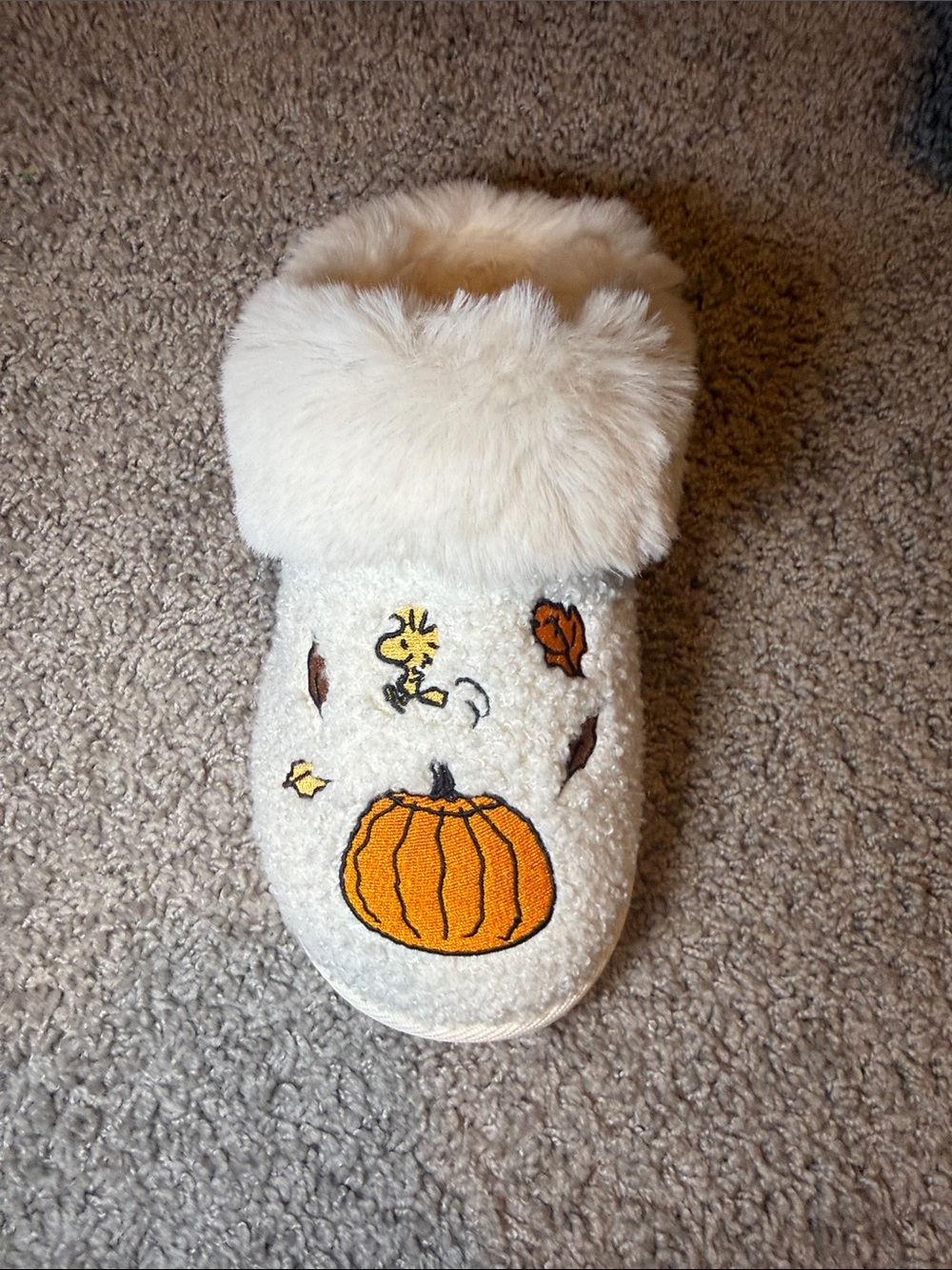 American Eagle Outfitters Cream Fuzzy Slip-On Slippers with Pumpkin & Snoopy - Picture 2 of 5
